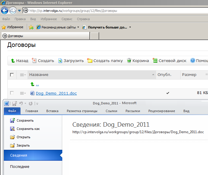 Открытие документа в Internet Explorer Открытие документа в Internet Explorer