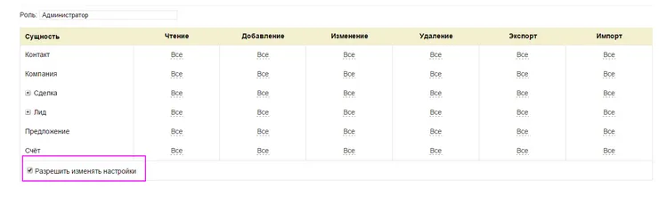 Настройка роли Администратор CRM