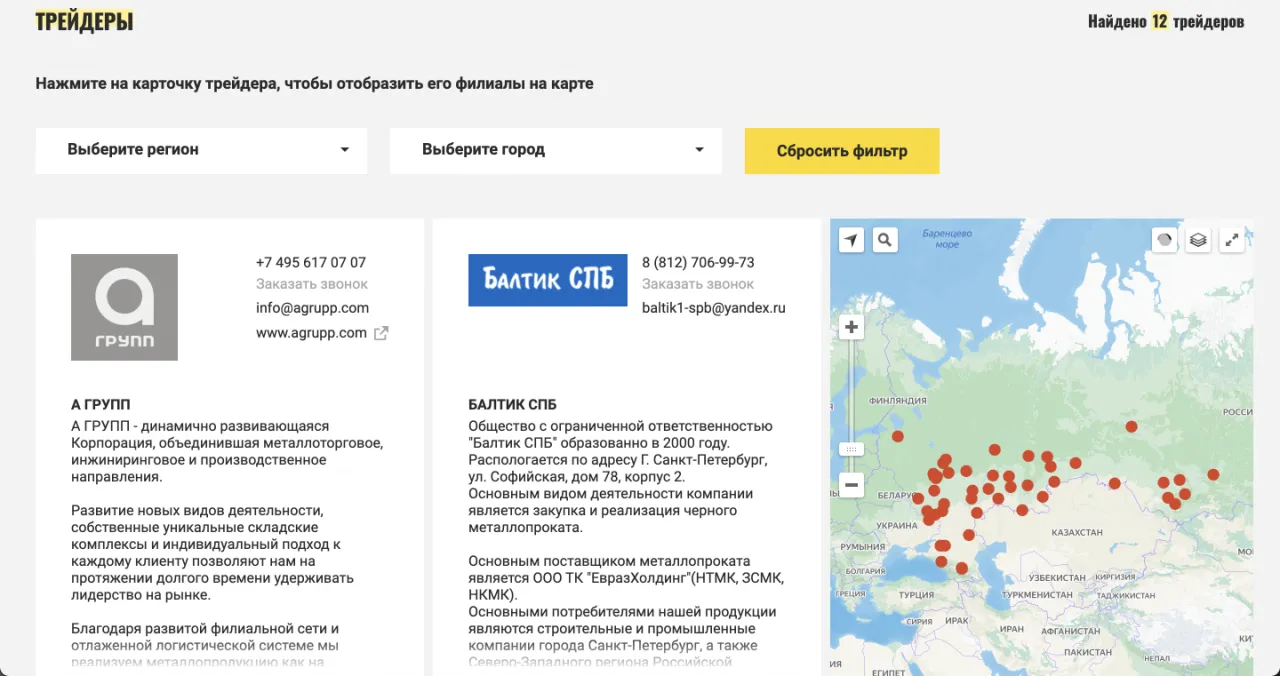 Список трейдеров, филиалов, интерактивная карта и канал связи с трейдером на платформе