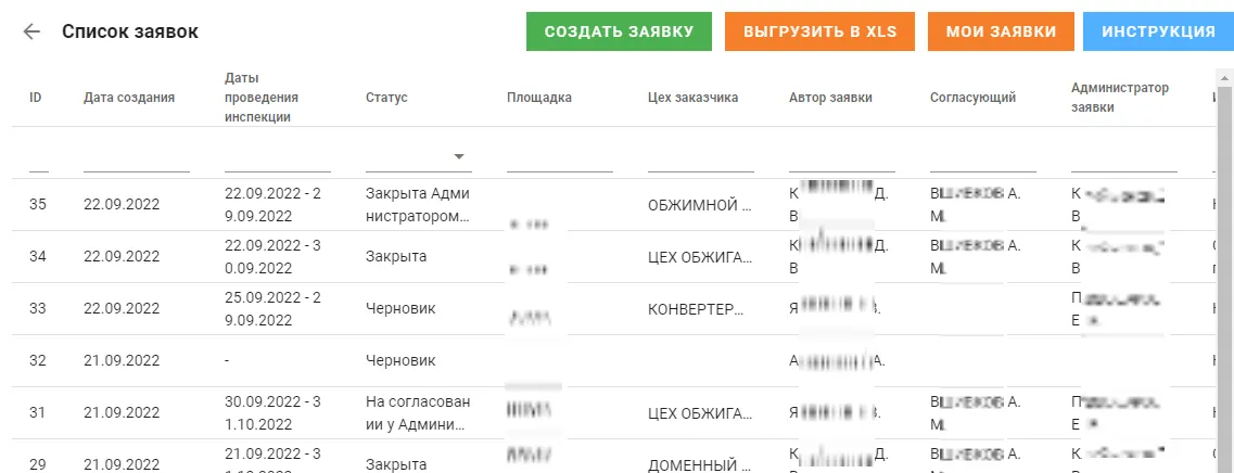 список заявок в базу инспекций