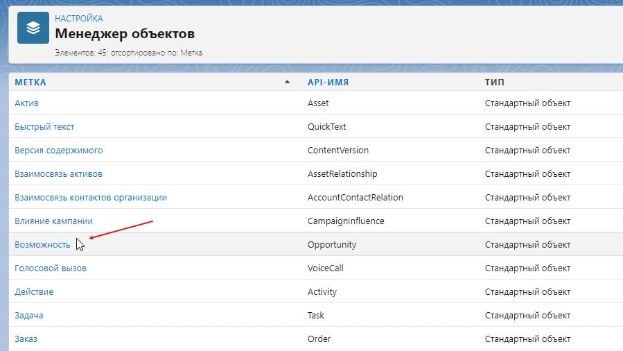 Сущность Возможность в менеджере проектов salesforce