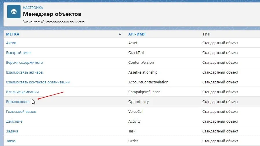 Сущность Возможность в менеджере проектов salesforce
